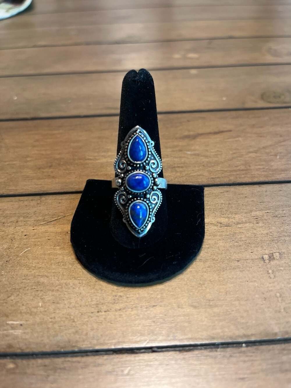 Artisan Sterling Silver Lapis Lazuli Three Stone Filigree Statement Ring